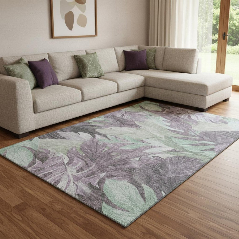 HomeRoots 8' Floral Area Rug in Lavender & Mint Green - Washable, UV-Protected, Stain Resistant for Homes 694030