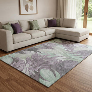 HomeRoots 8' Floral Area Rug in Lavender & Mint Green - Washable, UV-Protected, Stain Resistant for Homes 694030
