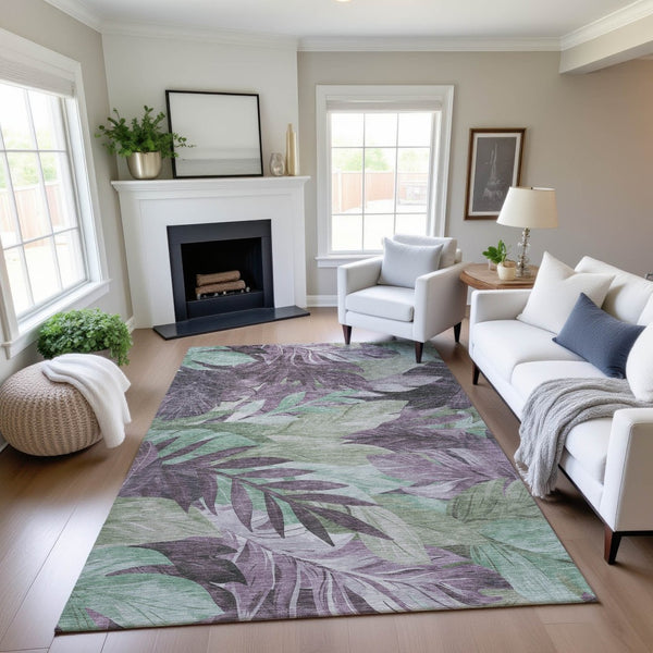 HomeRoots 8' Floral Area Rug in Lavender & Mint Green - Washable, UV-Protected, Stain Resistant for Homes 694030