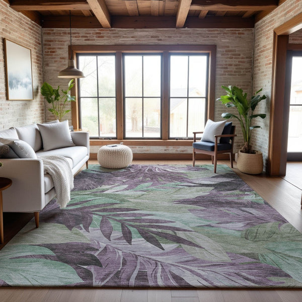 HomeRoots 8' Floral Area Rug in Lavender & Mint Green - Washable, UV-Protected, Stain Resistant for Homes 694030