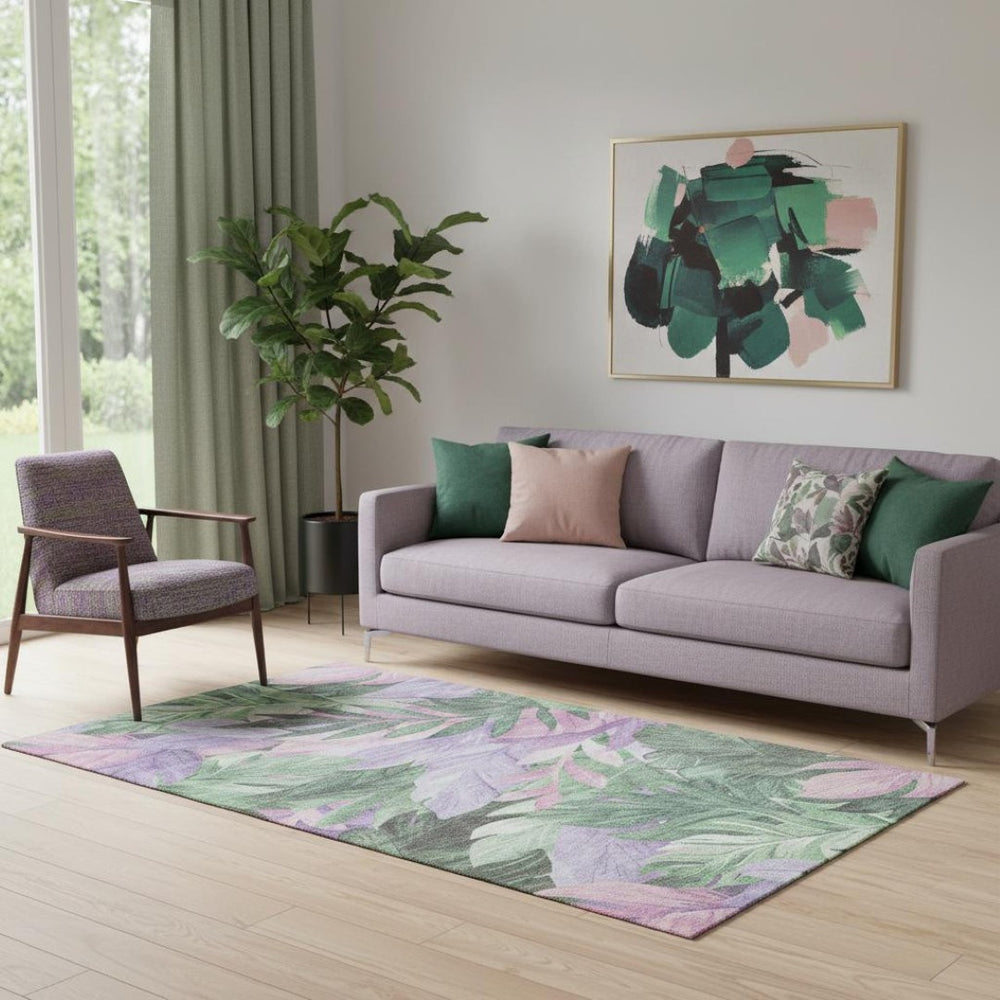 HomeRoots 5' X 8' Floral Washable Area Rug in Sage, Purple & Blush - UV Protection & Easy-Care Design 694034