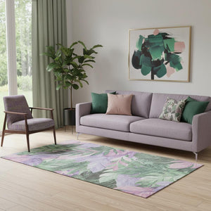 HomeRoots 5' X 8' Floral Washable Area Rug in Sage, Purple & Blush - UV Protection & Easy-Care Design 694034