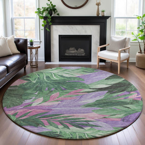 HomeRoots 8' Round Floral Rug in Sage, Purple & Blush - Washable, UV Protected, Ideal for Busy Homes & Pets 694035