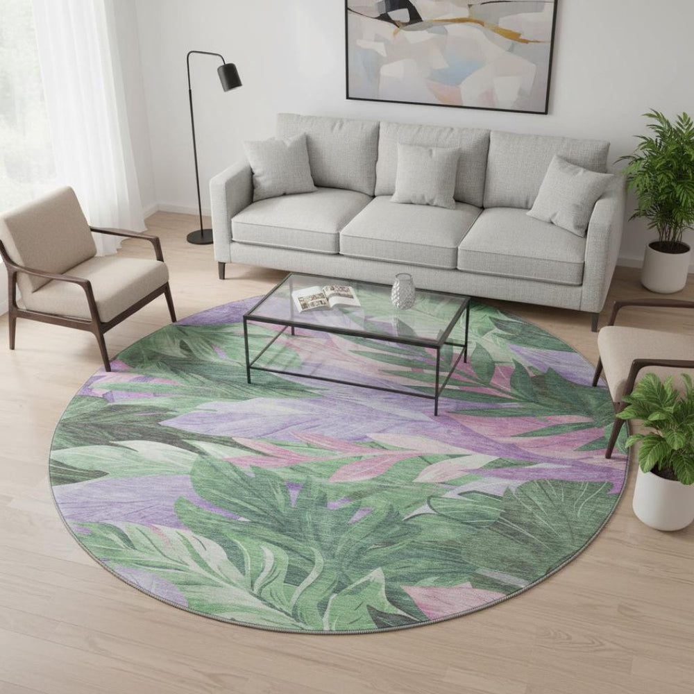 HomeRoots 8' Round Floral Rug in Sage, Purple & Blush - Washable, UV Protected, Ideal for Busy Homes & Pets 694035