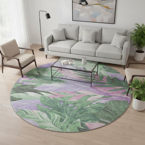 HomeRoots 8' Round Floral Rug in Sage, Purple & Blush - Washable, UV Protected, Ideal for Busy Homes & Pets 694035