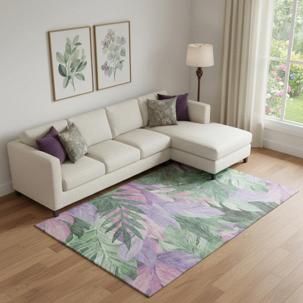 HomeRoots 9' X 12' Floral Area Rug in Sage, Purple & Blush - Washable, UV-Protected & Stain-Resistant Design 694037
