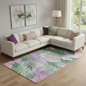 HomeRoots 10' Washable Floral Area Rug in Sage, Purple & Blush - UV Resistant, Stain-Proof, Low Maintenance Elegance 694038