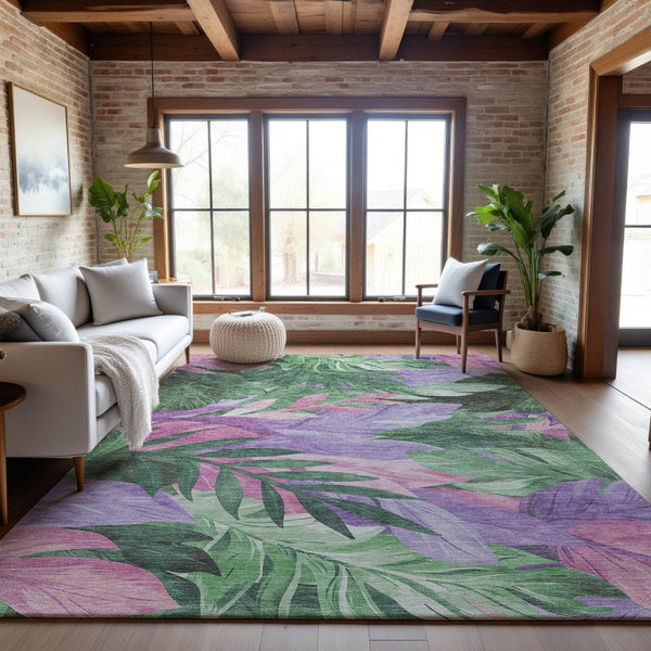 HomeRoots 10' Washable Floral Area Rug in Sage, Purple & Blush - UV Resistant, Stain-Proof, Low Maintenance Elegance 694038