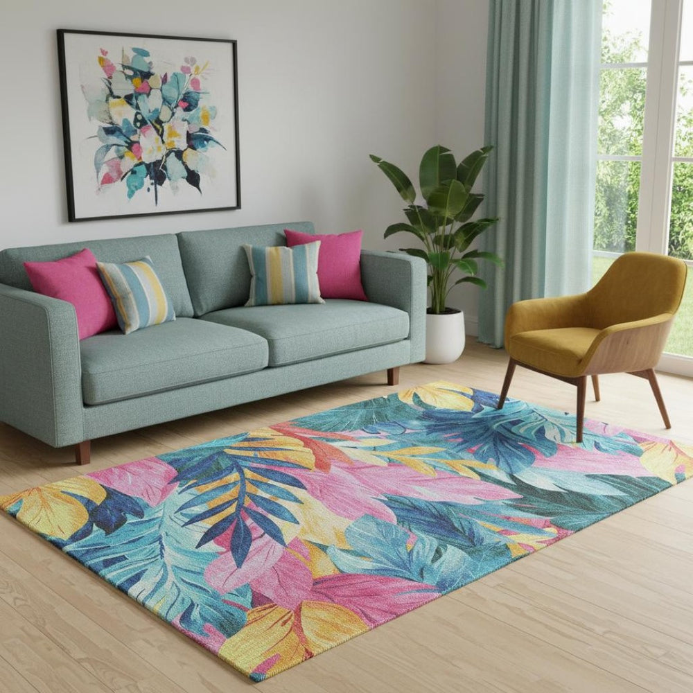 HomeRoots 5' X 8' Elegant Floral Area Rug in Sky Blue, Pink & Gold - Washable, UV Protected, Durable Design 694040