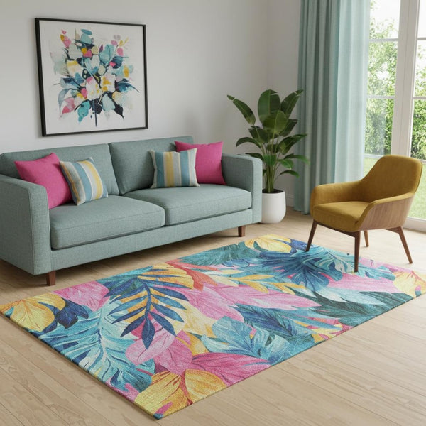 HomeRoots 5' X 8' Elegant Floral Area Rug in Sky Blue, Pink & Gold - Washable, UV Protected, Durable Design 694040
