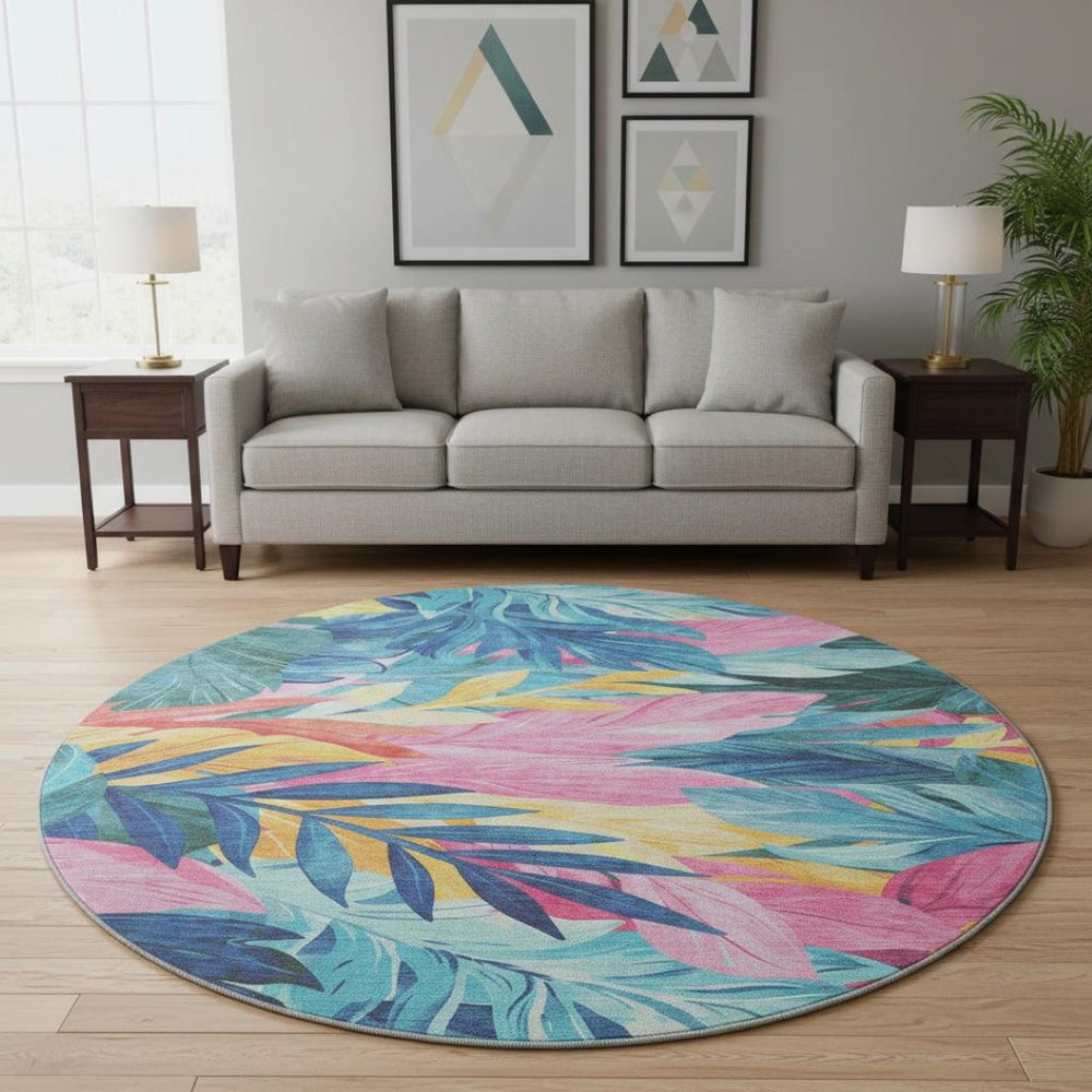 HomeRoots 8' Round Washable Sky Blue, Pink & Gold Floral Area Rug with UV Protection - Stylish & Durable Design 694041