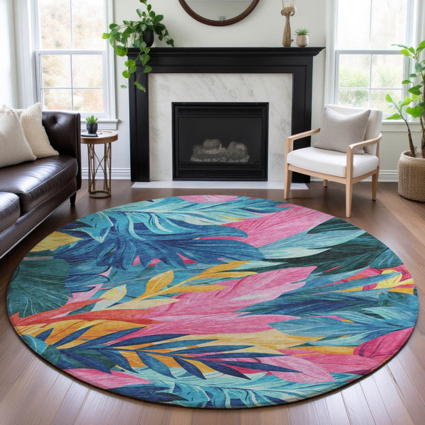 HomeRoots 8' Round Washable Sky Blue, Pink & Gold Floral Area Rug with UV Protection - Stylish & Durable Design 694041
