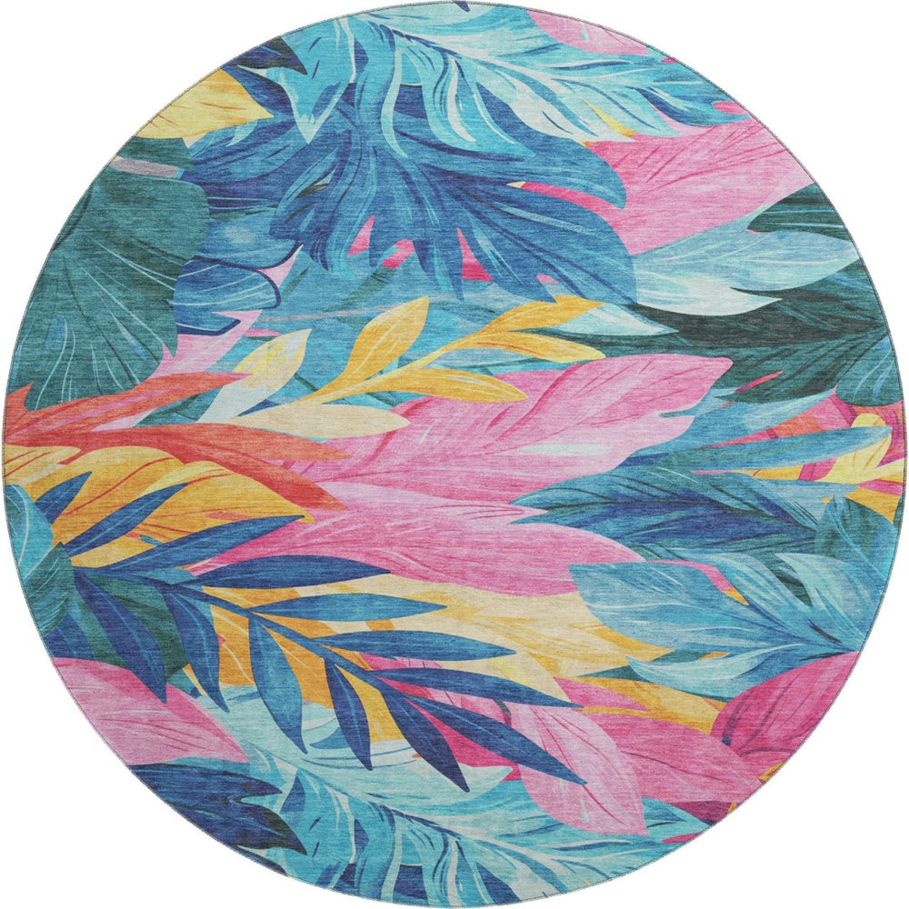 HomeRoots 8' Round Washable Sky Blue, Pink & Gold Floral Area Rug with UV Protection - Stylish & Durable Design 694041
