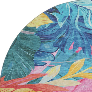 HomeRoots 8' Round Washable Sky Blue, Pink & Gold Floral Area Rug with UV Protection - Stylish & Durable Design 694041
