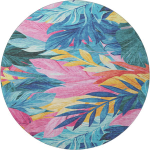 HomeRoots 8' Round Washable Sky Blue, Pink & Gold Floral Area Rug with UV Protection - Stylish & Durable Design 694041
