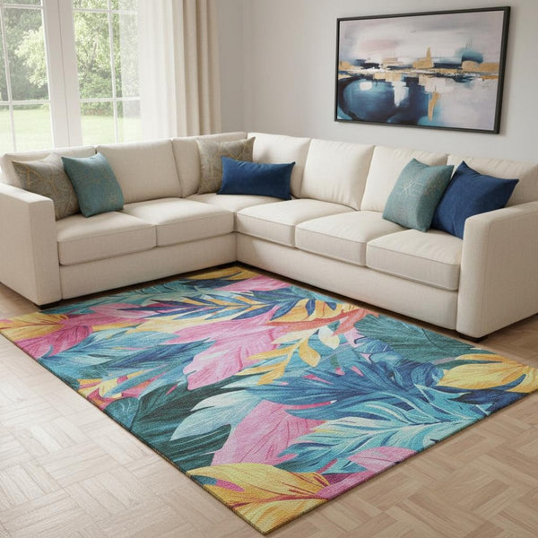 HomeRoots 8' Sky Blue Pink Gold Floral Area Rug – Family-Friendly, UV Resistant, Soft & Easy Care Design 694042