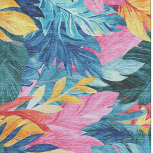 HomeRoots 8' Sky Blue Pink Gold Floral Area Rug – Family-Friendly, UV Resistant, Soft & Easy Care Design 694042