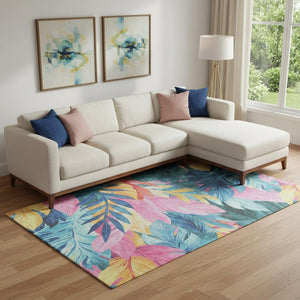 HomeRoots 10' X 14' Sky Blue Floral Washable Area Rug with UV Protection – Perfect for Homes with Kids & Pets! 694044