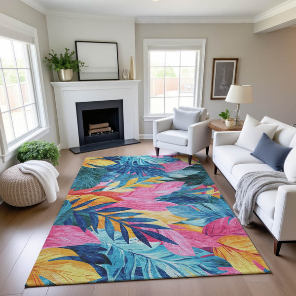 HomeRoots 10' X 14' Sky Blue Floral Washable Area Rug with UV Protection – Perfect for Homes with Kids & Pets! 694044
