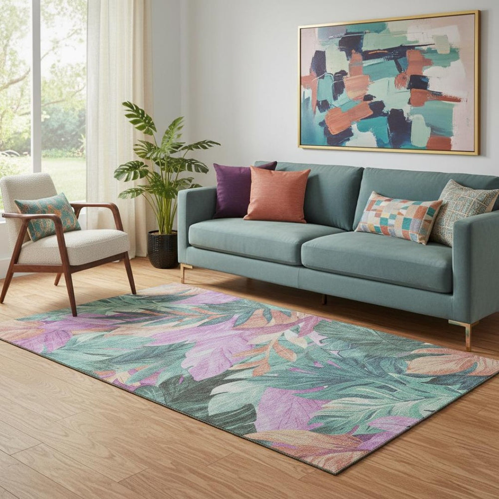 HomeRoots 5' X 8' Washable Floral Area Rug in Teal, Pink, and Salmon - Durable, Stain-Resistant & UV Protected! 694046