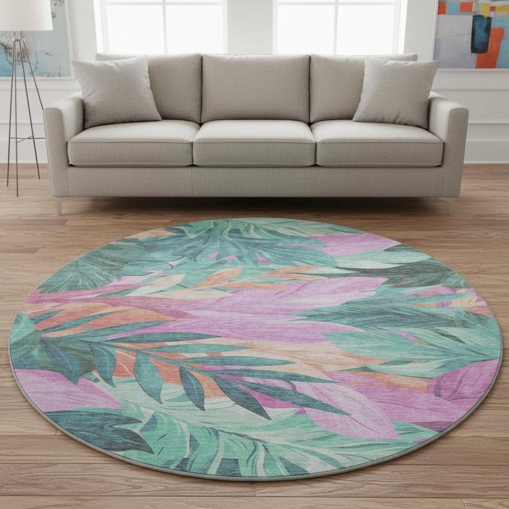 HomeRoots 8' X 8' Teal Pink Floral Washable Round Rug with UV Protection – Durable, Stylish, and Easy-Care! 694047
