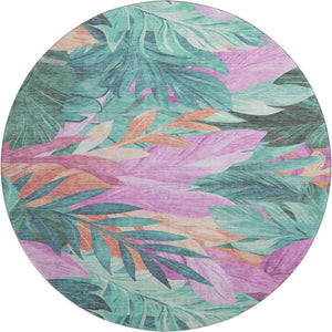 HomeRoots 8' X 8' Teal Pink Floral Washable Round Rug with UV Protection – Durable, Stylish, and Easy-Care! 694047