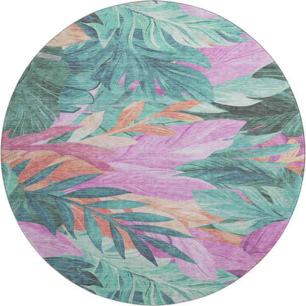 HomeRoots 8' X 8' Teal Pink Floral Washable Round Rug with UV Protection – Durable, Stylish, and Easy-Care! 694047