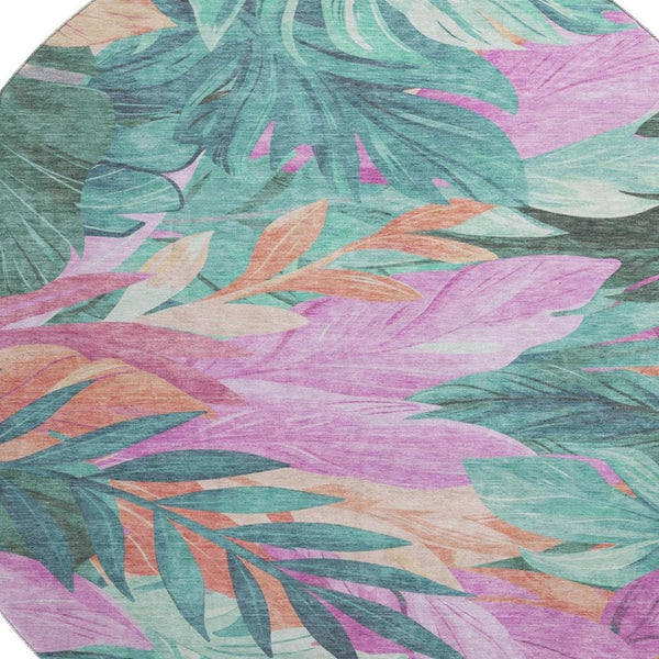 HomeRoots 8' X 8' Teal Pink Floral Washable Round Rug with UV Protection – Durable, Stylish, and Easy-Care! 694047