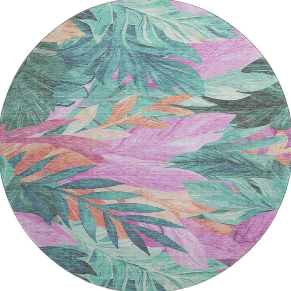 HomeRoots 8' X 8' Teal Pink Floral Washable Round Rug with UV Protection – Durable, Stylish, and Easy-Care! 694047