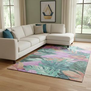 HomeRoots 8' Vibrant Teal, Pink, and Salmon Floral Area Rug – Washable, UV-Protected, Non-Slip Backing! 694048