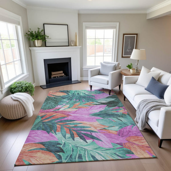 HomeRoots 8' Vibrant Teal, Pink, and Salmon Floral Area Rug – Washable, UV-Protected, Non-Slip Backing! 694048
