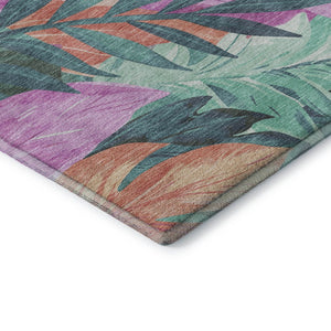 HomeRoots 8' Vibrant Teal, Pink, and Salmon Floral Area Rug – Washable, UV-Protected, Non-Slip Backing! 694048
