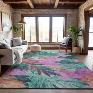 HomeRoots 8' Vibrant Teal, Pink, and Salmon Floral Area Rug – Washable, UV-Protected, Non-Slip Backing! 694048