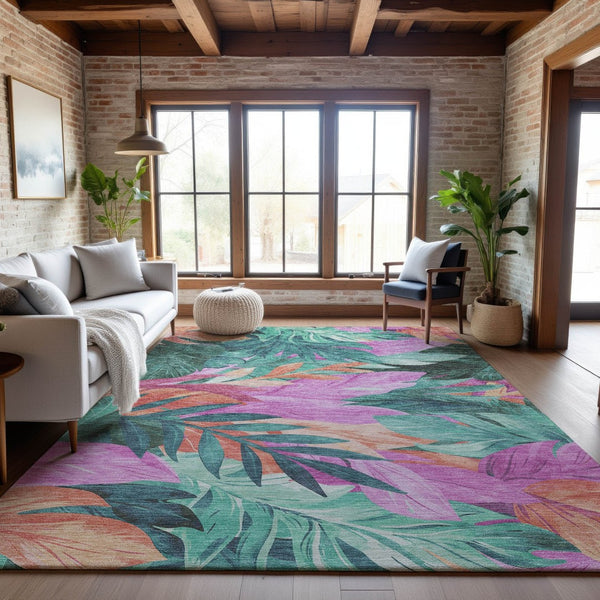 HomeRoots 8' Vibrant Teal, Pink, and Salmon Floral Area Rug – Washable, UV-Protected, Non-Slip Backing! 694048