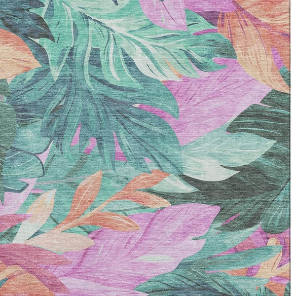 HomeRoots 8' Vibrant Teal, Pink, and Salmon Floral Area Rug – Washable, UV-Protected, Non-Slip Backing! 694048