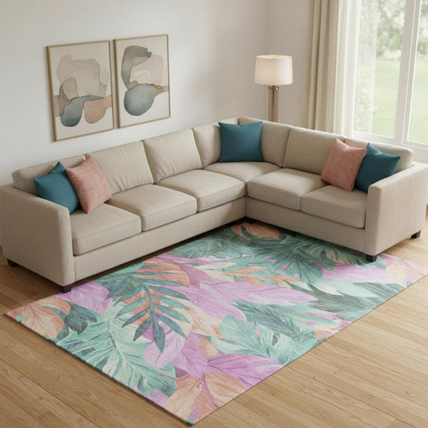 HomeRoots 9' X 12' Teal Pink & Salmon Floral Washable Area Rug with UV Protection for Kid & Pet Friendly Spaces 694049