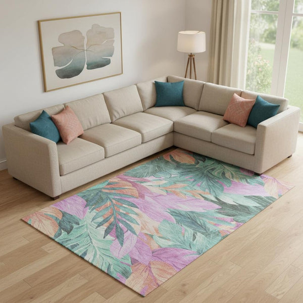 HomeRoots 10' X 14' Floral Washable Area Rug in Teal, Pink & Salmon - UV Protected, Stylish & Family-Friendly! 694050