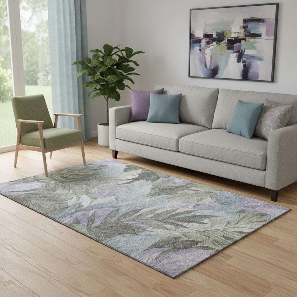 HomeRoots 5' X 8' Floral Washable Area Rug in Taupe with Lavender & Olive Green – UV Protected, Durable Design 694052