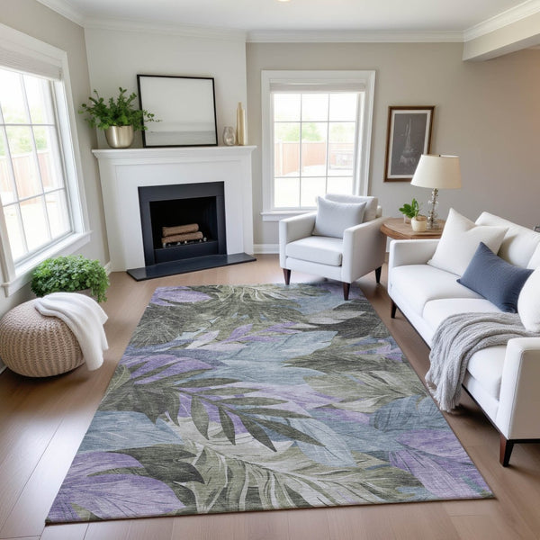 HomeRoots 5' X 8' Floral Washable Area Rug in Taupe with Lavender & Olive Green – UV Protected, Durable Design 694052