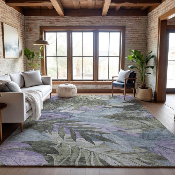 HomeRoots 5' X 8' Floral Washable Area Rug in Taupe with Lavender & Olive Green – UV Protected, Durable Design 694052