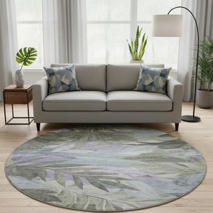 HomeRoots 8' X 8' Floral Washable Round Area Rug - Taupe, Lavender & Olive Green with UV Protection & Non-Slip 694053