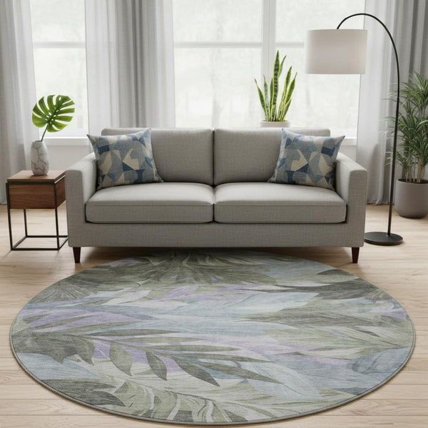HomeRoots 8' X 8' Floral Washable Round Area Rug - Taupe, Lavender & Olive Green with UV Protection & Non-Slip 694053