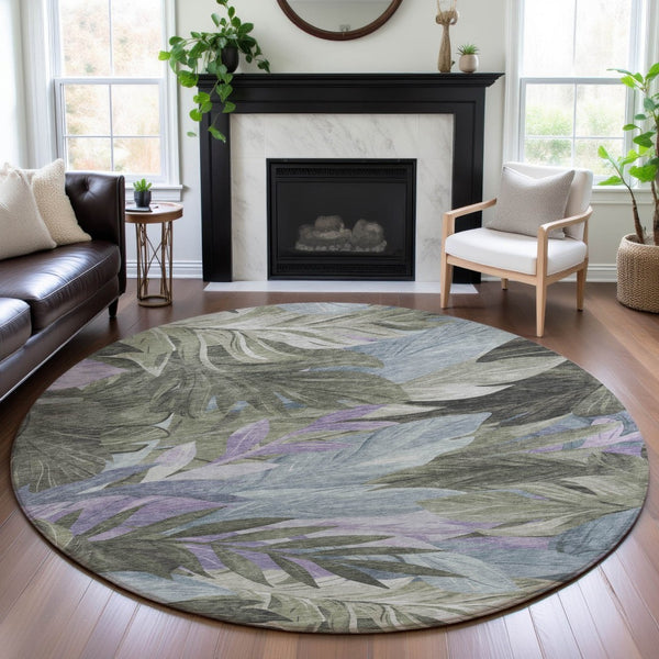 HomeRoots 8' X 8' Floral Washable Round Area Rug - Taupe, Lavender & Olive Green with UV Protection & Non-Slip 694053