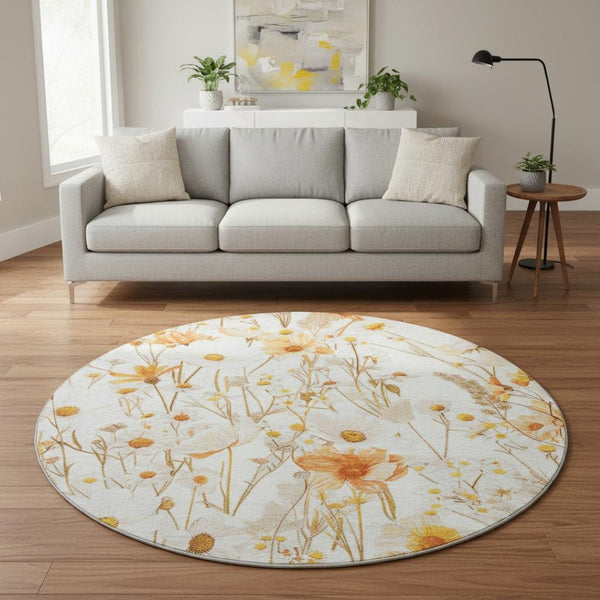 HomeRoots 8' X 8' Ivory And Orange Floral Round Rug - Washable, UV Protected, Ideal for Busy Homes & Pets 694059