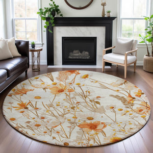 HomeRoots 8' X 8' Ivory And Orange Floral Round Rug - Washable, UV Protected, Ideal for Busy Homes & Pets 694059