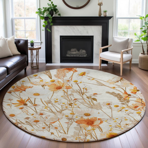 HomeRoots 8' X 8' Ivory And Orange Floral Round Rug - Washable, UV Protected, Ideal for Busy Homes & Pets 694059