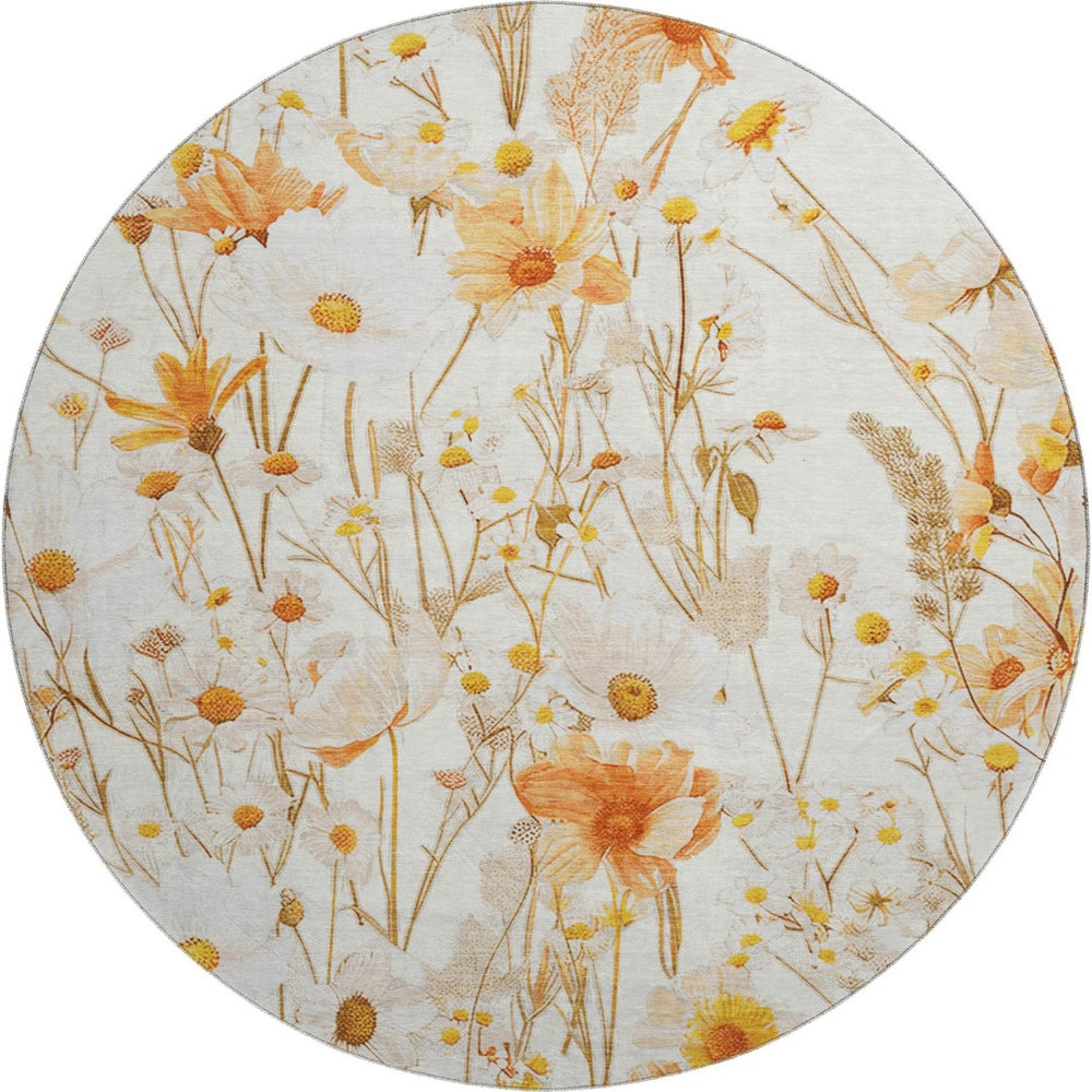 HomeRoots 8' X 8' Ivory And Orange Floral Round Rug - Washable, UV Protected, Ideal for Busy Homes & Pets 694059