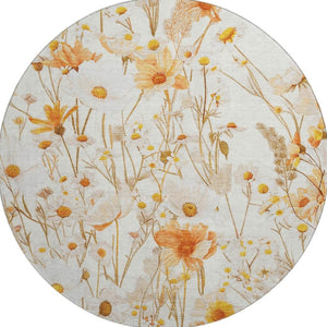 HomeRoots 8' X 8' Ivory And Orange Floral Round Rug - Washable, UV Protected, Ideal for Busy Homes & Pets 694059