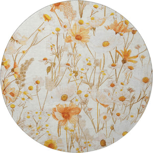 HomeRoots 8' X 8' Ivory And Orange Floral Round Rug - Washable, UV Protected, Ideal for Busy Homes & Pets 694059