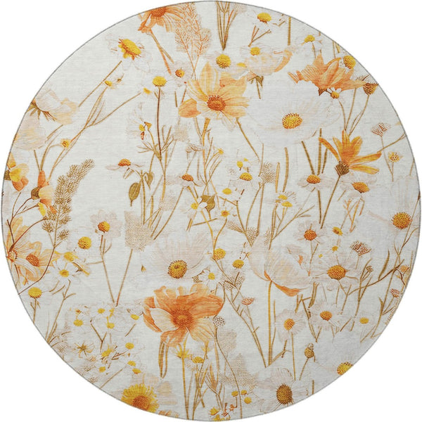HomeRoots 8' X 8' Ivory And Orange Floral Round Rug - Washable, UV Protected, Ideal for Busy Homes & Pets 694059